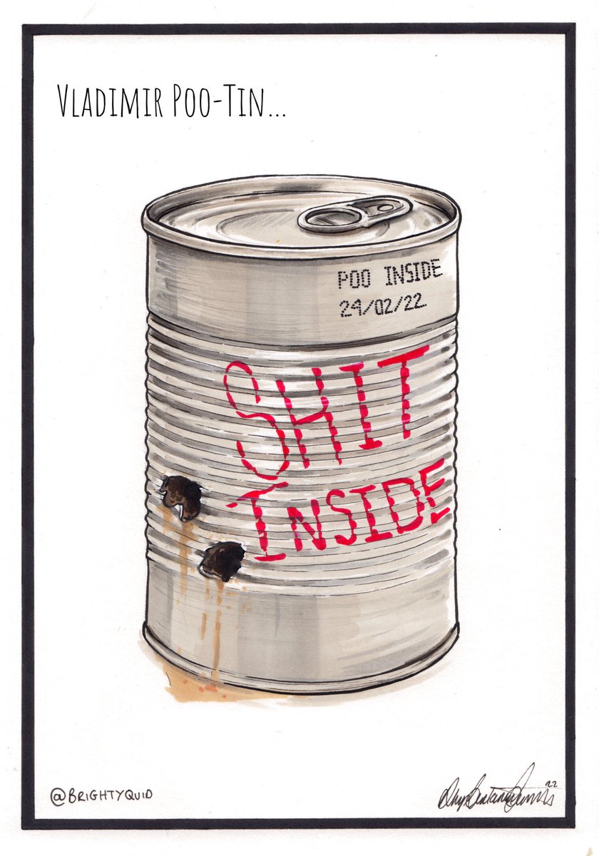 BrightyQuid's tweet photo. A bullet-ridden container of rancid shit…This drawing gets more and more accurate with each passing day. Lets hope the bullet holes are prescient… #PutinHitler #RussianUkrainianWar #drawworldwarthree #UkraineRussiaWar #Ukraine️ #UkraineUnderAttack @MartinRowson https://t.co/Ka5CiBB0kw