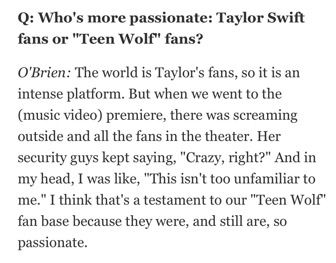 TSwiftNZ's tweet photo. 💬 | @dylanobrien when asked if Taylor Swift or Teen Wolf fans are more passionate [@USATODAY]

“The world is Taylor's fans, so it is an intense platform. But when we went to the ATW premiere, there was screaming outside… her security guys kept saying, ‘Crazy, right?’” https://t.co/gjdtJyQDcU