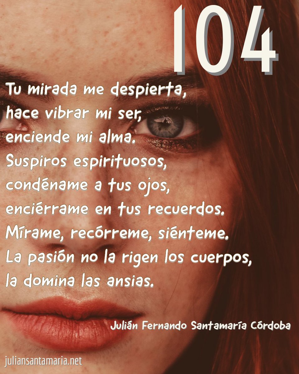 jusantam's tweet photo. 104
Tu mirada me despierta,
hace vibrar mi ser,
enciende mi alma.
Suspiros espirituosos,
condéname a tus ojos,
enciérrame en tus recuerdos.
Mírame, recórreme, siénteme.
La pasión no la rigen los cuerpos,
la domina las ansias.
#diariodepope #poesia #fragmentario #poemas https://t.co/0ROLK10cq7