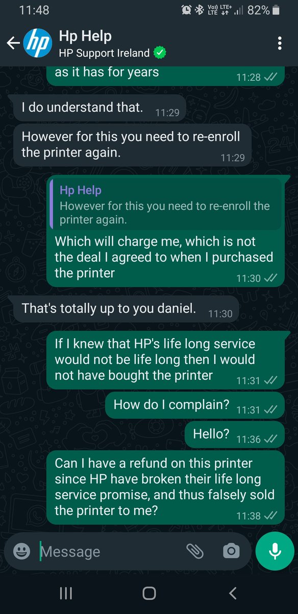 DannyMaymora's tweet photo. @HP customer service has failed to help me simply continue my free life long instant ink subscription, (which was cancelled by HP, not me), so I can continue to print documents I need for tomorrow. Can you help? https://t.co/w2GVJCNYeK
