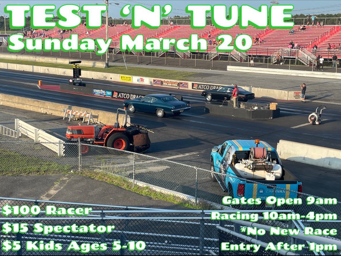 TheAtcoDragway's tweet photo. Gates open 9am today, Sun. March 20, for #TestNTune! $100 Racer, $15 Spectator & $5 Kids Ages 5-10! Racing 10am-4pm (*No new race entry after 1pm)! Visit https://t.co/YNWJ1SJ8Kh for our full 2022 race schedule! https://t.co/JIZzgoaQAV