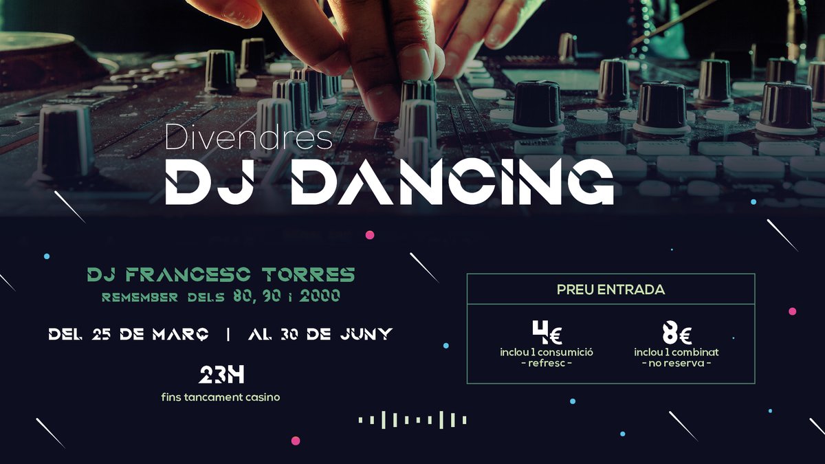 CasinoTarragona's tweet photo. π½ A partir de la semana que viene... Β‘Los viernes son de #DJDancing!
Ven a Casino Tarragona y disfruta de las sesiones de DJ @francesctorres repletas de los temazos de los aΓ±os 80, 90 y 2000.
Info π« https://t.co/nR1vUf8260 https://t.co/J4Lv9SIV8f