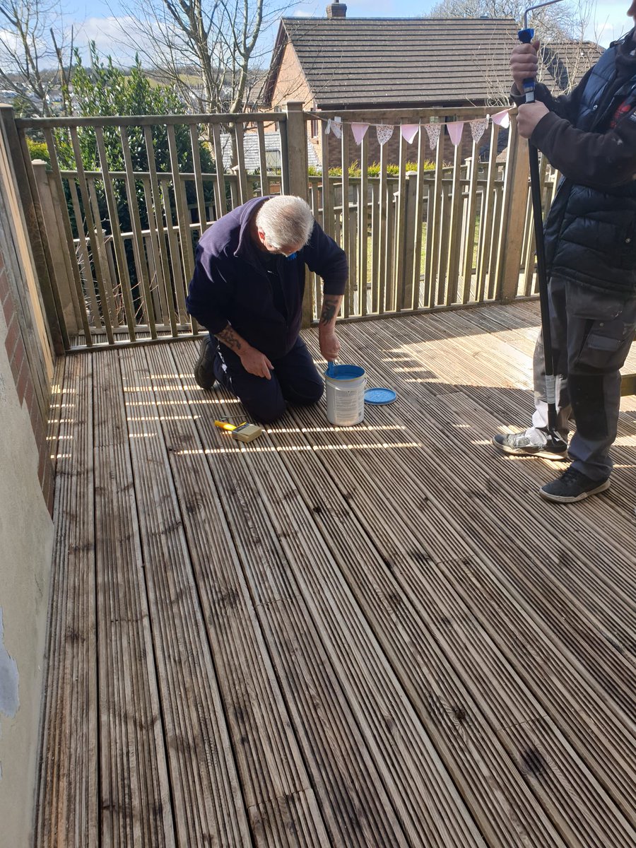 KaraHealthcare's tweet photo. We've been taking advantage of the nice weather to get our decking area ready for our residents to use this spring and summer.  Check in tomorrow to see what colour Kiran and Colin are going to paint it!
#BelmontHouse #Decking #Spring #ChurchlakeCare https://t.co/E6WCTYPrVT