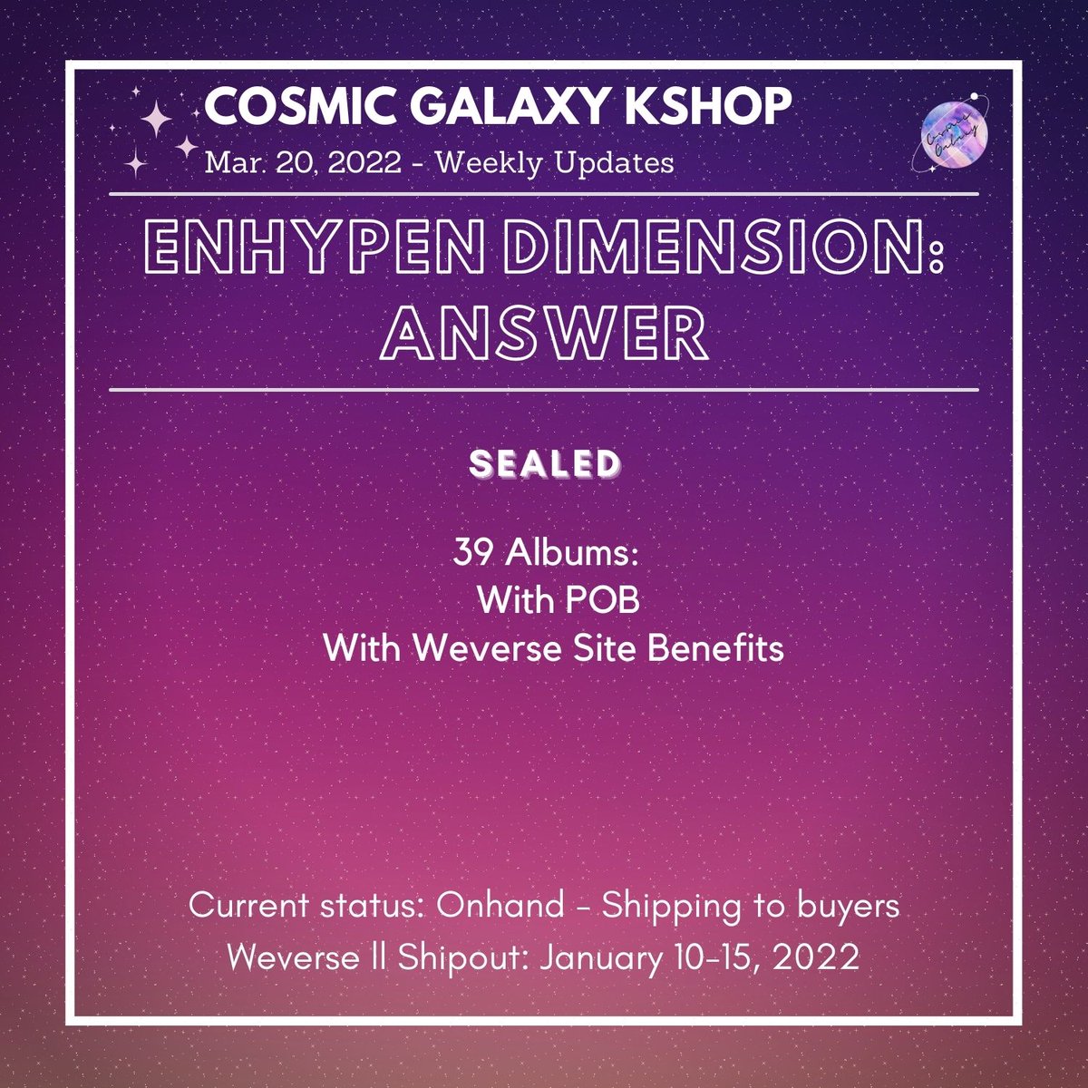 CGKShop's tweet photo. #CG_WeeklyUpdates
March 20, 2022 - Weekly Updates
🌟EN- D:A
🌟EN- MemKit
🌟BP Special Gift
🌟NCT 2021 Universe
🌟Dicon PC 101
💟For ongoing lapags:
check #/CG_Ongoing
💟For weekly proofs:
check #/CG_WeeklyProofs
💌DM for concerns and clarifications https://t.co/Kjo4ScS74X