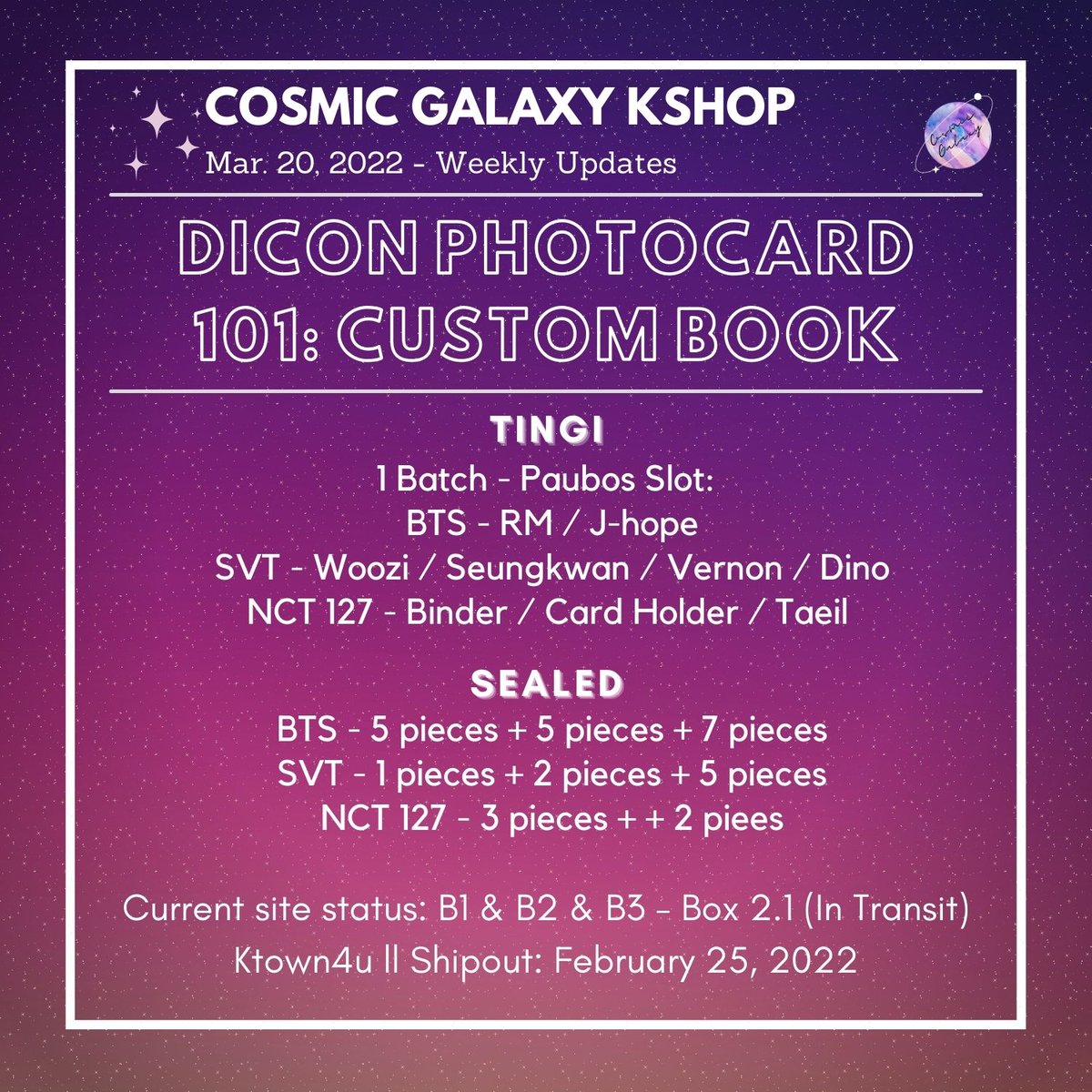 CGKShop's tweet photo. #CG_WeeklyUpdates
March 20, 2022 - Weekly Updates
🌟EN- D:A
🌟EN- MemKit
🌟BP Special Gift
🌟NCT 2021 Universe
🌟Dicon PC 101
💟For ongoing lapags:
check #/CG_Ongoing
💟For weekly proofs:
check #/CG_WeeklyProofs
💌DM for concerns and clarifications https://t.co/Kjo4ScS74X