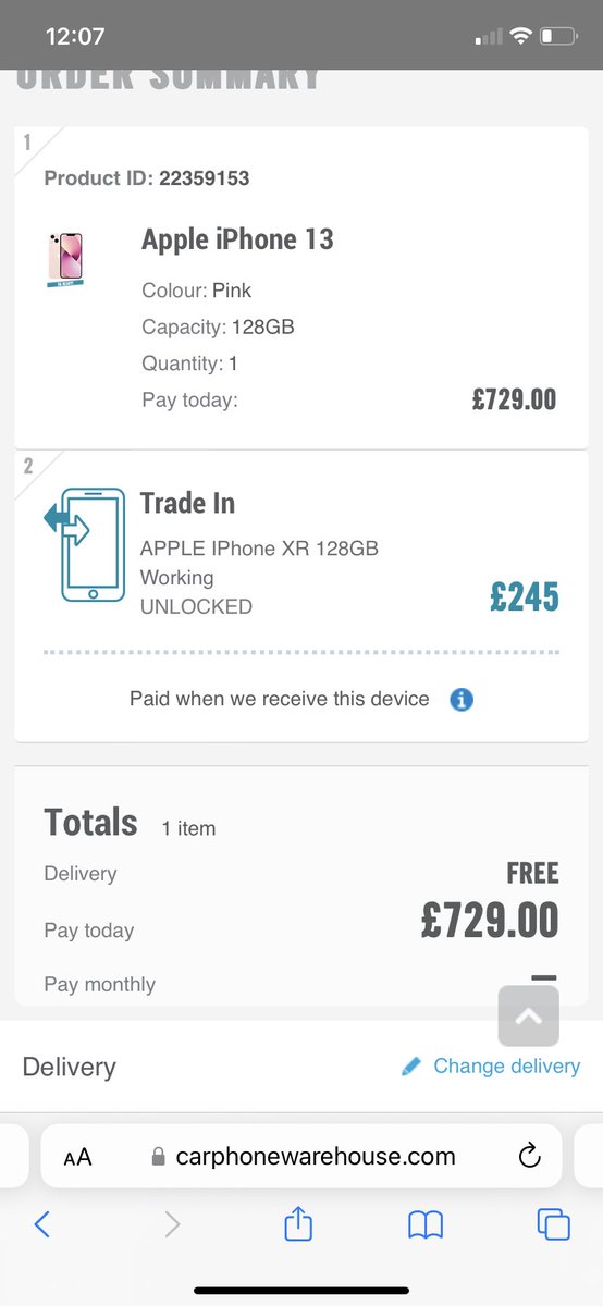 sjc0902's tweet photo. @currys I’m trying to buy iPhone 13 via car phone warehouse and it’s showing the £100 bonus for trade in (total £245) but when going to checkout this £100 no longer shows? https://t.co/hPMvKZSs9P