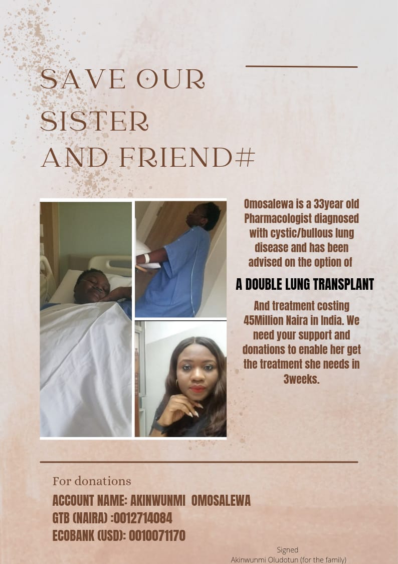 _mrsmalaprop's tweet photo. Hello beautiful people of Twitter, Edakun I am here to solicit your support for our friend and sister, Omosalewa, who was diagnosed with cystic/bullous lung disease and is required to undergo a double lung transplant to live.
N19m has been raised out of the N45m needed for (1/2) https://t.co/L2m5INnMXy