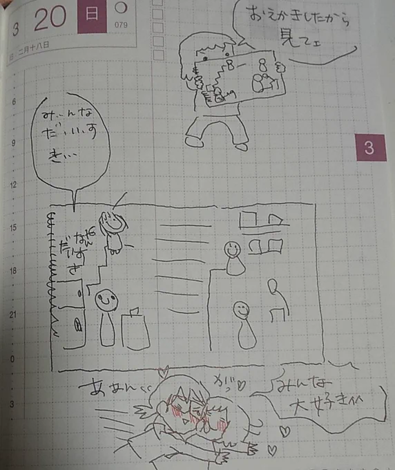 家族の絵、横にこんなメッセージ添えられちゃった

ちなみにキッチンにいるのは夫で私はパソコンやってるそうです😂家族の立ち位置…😂😂 