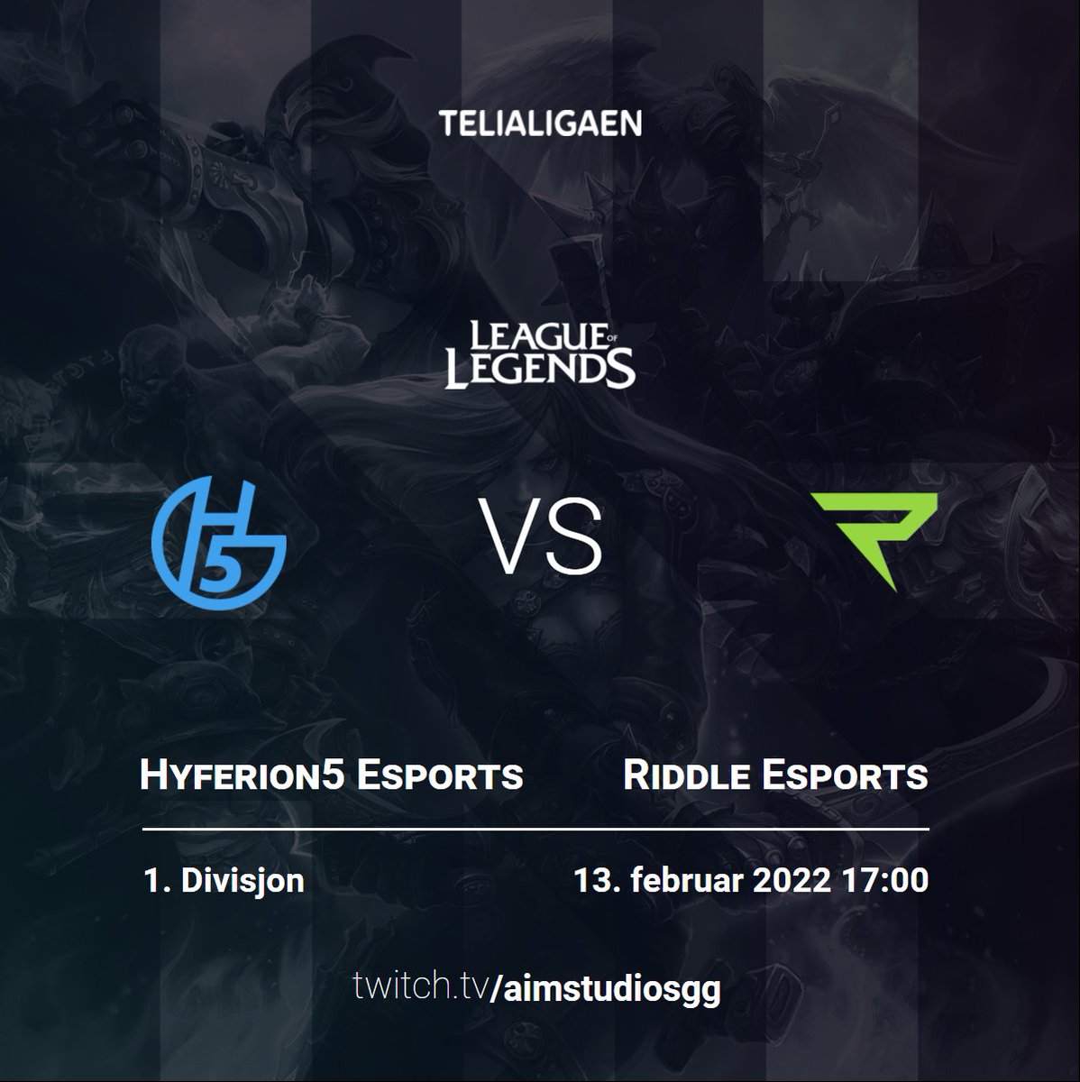 Endelig er vi tilbake!
<a href="/hyferion5/">Hyferion5 Esports</a>  møter <a href="/RiddleEsports/">RIDDLE</a> Kl. 17.00 i Telialigaen!

Vel møtt på:
Twitch.tv/aimstudiosgg