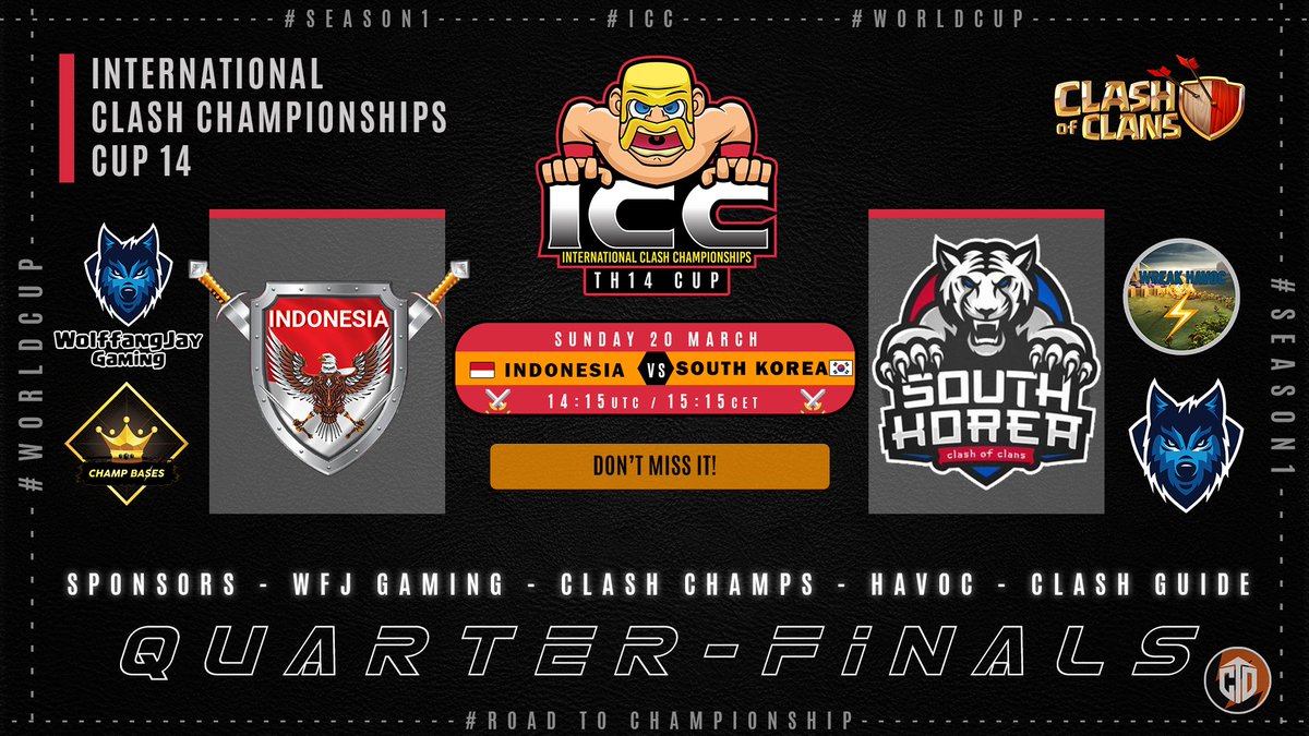 International Clash Championships (@icchamps) on Twitter photo All ICC Quarter-finals are today!
🇮🇩 Indonesia vs South Korea 🇰🇷 | 14:15 UTC
🇵🇱 Poland vs Bangladesh 🇧🇩 | 16:15 UTC
🇷🇺 Russia vs Uzbekistan 🇺🇿 | 18:15 UTC
🇨🇷 Costa Rica vs Italy 🇮🇹 | 21:00 UTC
We wish all the teams the best!
Sponsors: <a href="/WolffangJay/">WolffangJay</a> <a href="/ClashChamps/">Clash Champs</a> <a href="/havoc_family/">Havoc ⚡Family</a> All ICC Quarter-finals are today!
🇮🇩 Indonesia vs South Korea 🇰🇷 | 14:15 UTC
🇵🇱 Poland vs Bangladesh 🇧🇩 | 16:15 UTC
🇷🇺 Russia vs Uzbekistan 🇺🇿 | 18:15 UTC
🇨🇷 Costa Rica vs Italy 🇮🇹 | 21:00 UTC
We wish all the teams the best!
Sponsors: <a href="/WolffangJay/">WolffangJay</a> <a href="/ClashChamps/">Clash Champs</a> <a href="/havoc_family/">Havoc ⚡Family</a>