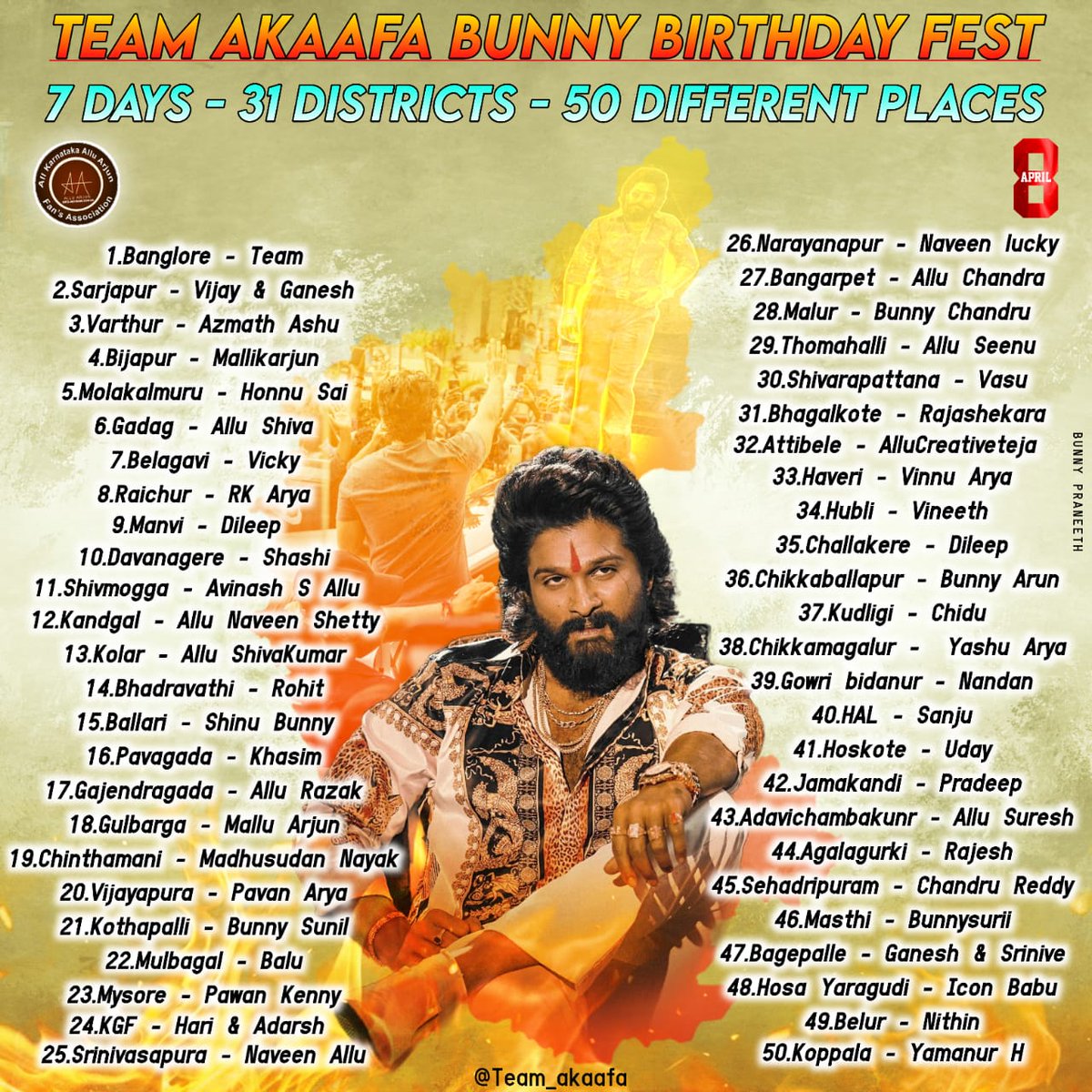TrendsAlluArjun's tweet photo. Icon StAAr @alluarjun Birthday fest 2022 . @Team_AKAAFA Celebrating Bunny Birthday Grandly in Karnataka

7 Days - 50 Different Places 🔥 

Best wishes to entire team 👍

#AKAAFABunnyBdayFest https://t.co/fd2iCcpPlX