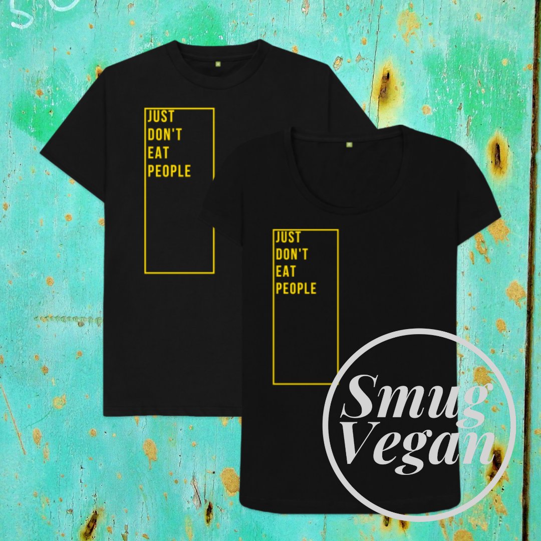 SmugVeganShop's tweet photo. Just Don't Eat People - it's that simple. Save £5 with this his &amp; hers set. Same soft organic cotton, same 50% of profits donated, same free returns and plastic-free packaging. https://t.co/yGlesqbOCb. I've got his &amp; his and hers &amp; hers sets too, of course. #vegan #organicfashion https://t.co/RGtdHq1y2b