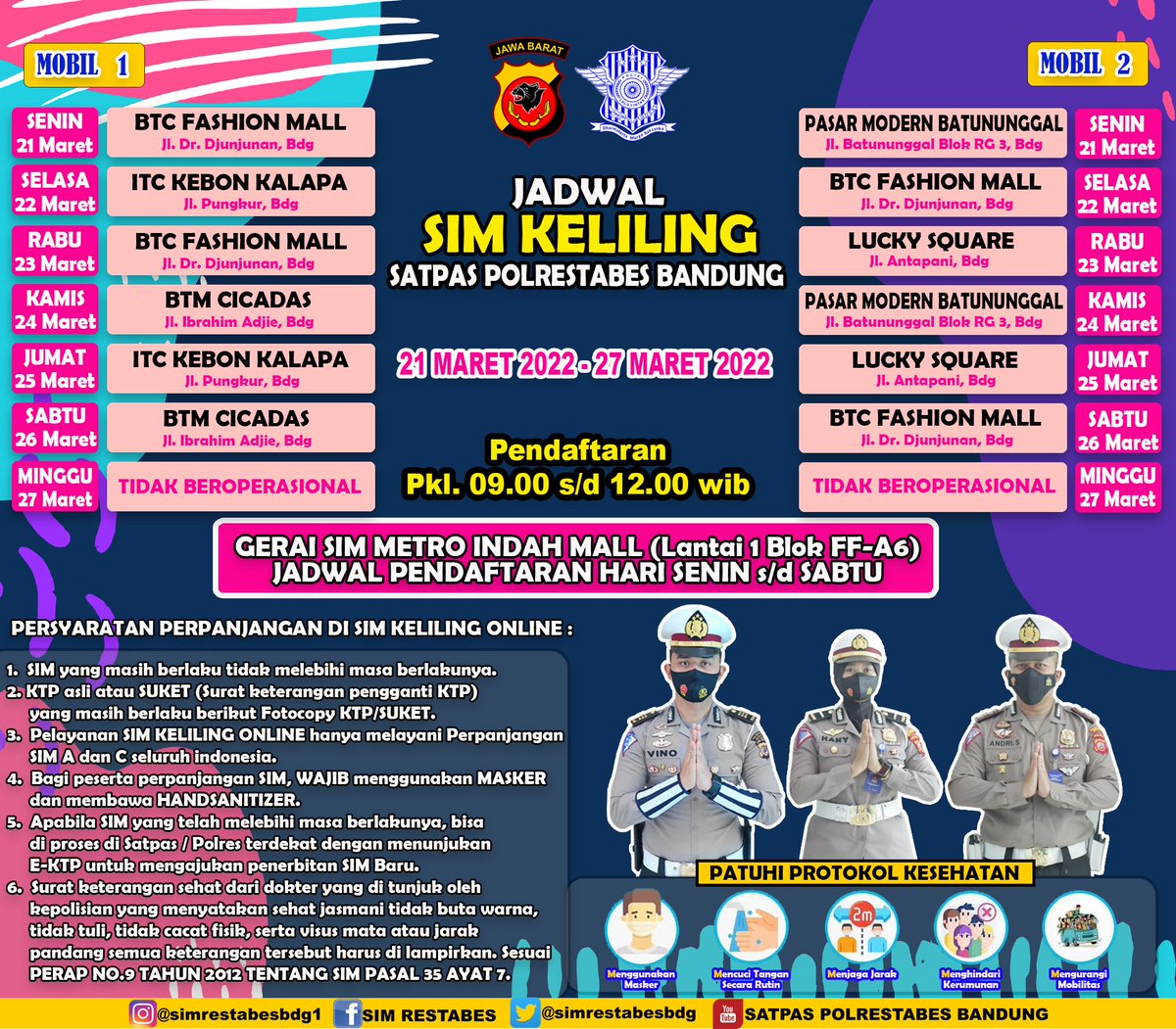 Jadwal SIM Keliling 21 Maret 2022 s/d 27 Maret 2022

#jadwal #simkeliling #satpaspolrestabesbandung