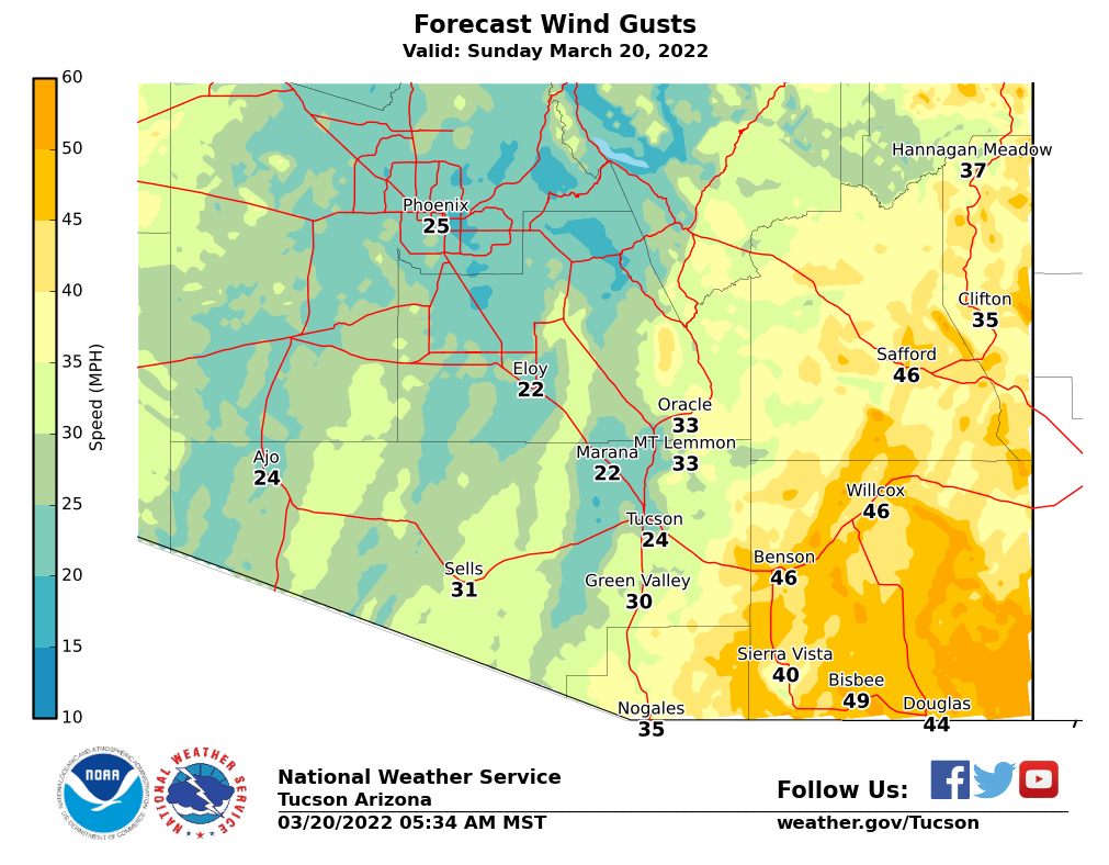 NWSTucson's tweet photo. Gusty winds & dry conditions will lead to a period of dangerous fire conditions, beginning later this morning & continuing into this evening for far SE AZ.
A Red Flag Warning is in effect from 11 am to 7 pm.
Please make sure to heed any local fire restrictions in place.
#azwx https://t.co/QjzlASBuiK