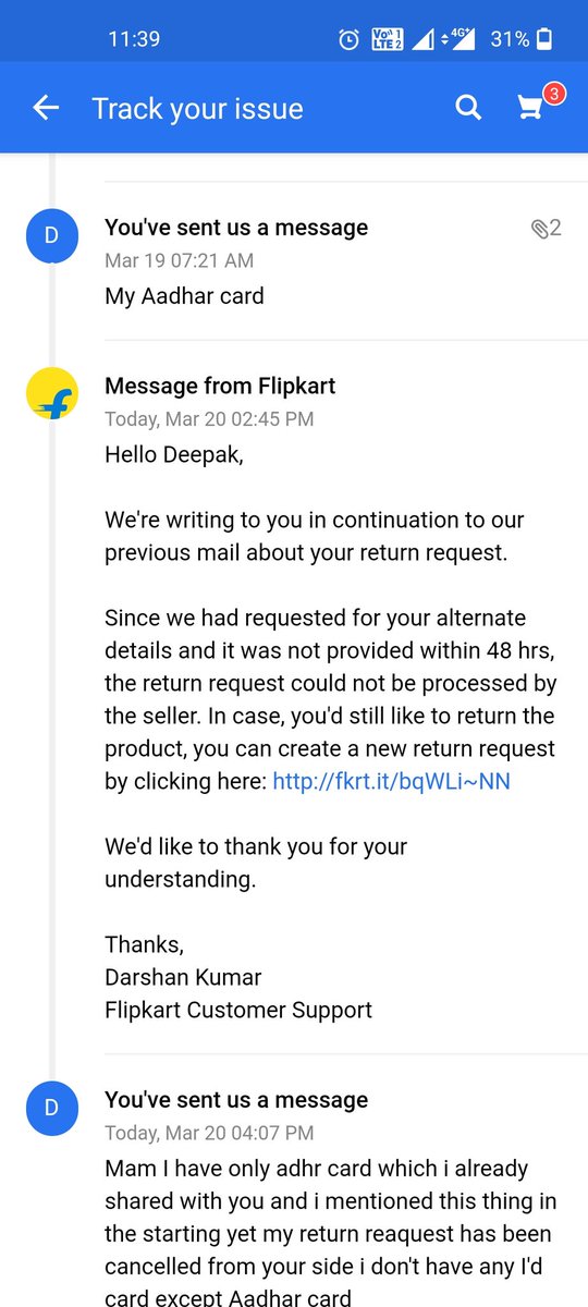 DeepakR03988980's tweet photo. Sir i don't have  voter card or passport i have only aadhar card which i already shared with you yet you cancelled my return reaquest it is cheat with customer @flipkartsupport https://t.co/mB6Fm8cN6a