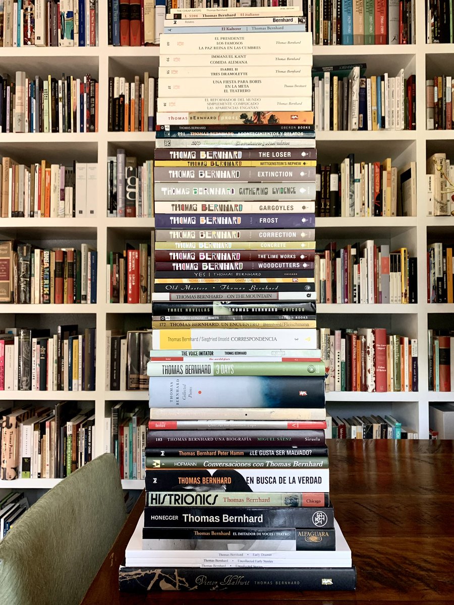 TheLuisPanini's tweet photo. It took me 6 months, but last night, exactly as scheduled, I finished reading the complete works by Thomas Bernhard. 48 books. 8,829 pages. My favorites: Woodcutters, Extinction, Old Masters, Concrete, Gathering Evidence and 3 Days. 🤓📚🎉 https://t.co/1A40eRe5bH