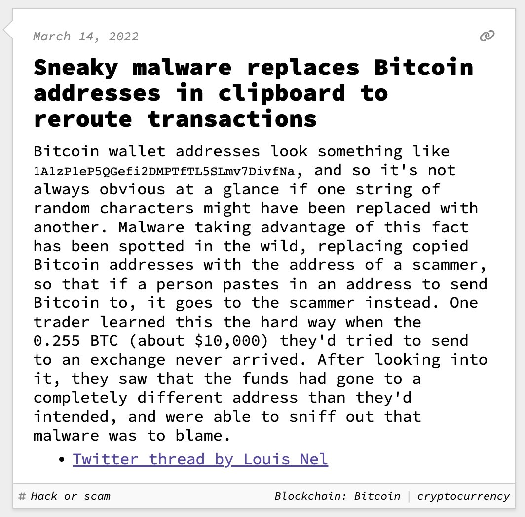 Sneaky malware replaces Bitcoin addresses in clipboard to reroute transactions

March 14, 2022
web3isgoinggreat.com/?id=2022-03-14…
