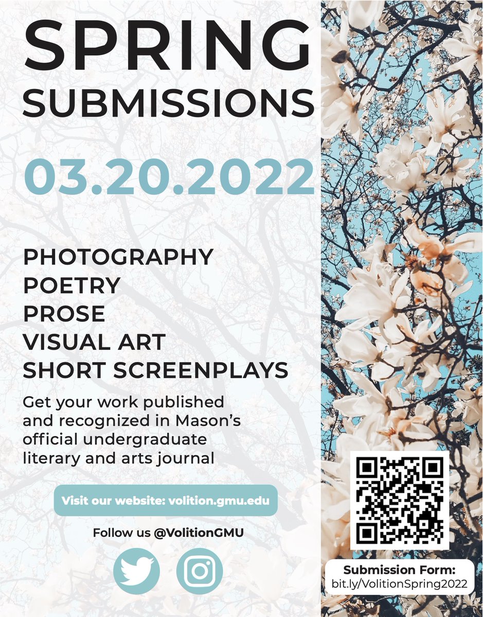 Hope you've had a great spring break! Don't forget that today is the LAST day to submit your work for publication in our Spring 2022 edition of Volition! #gmu #georgemason #georgemasonuniversity #gmupatriots