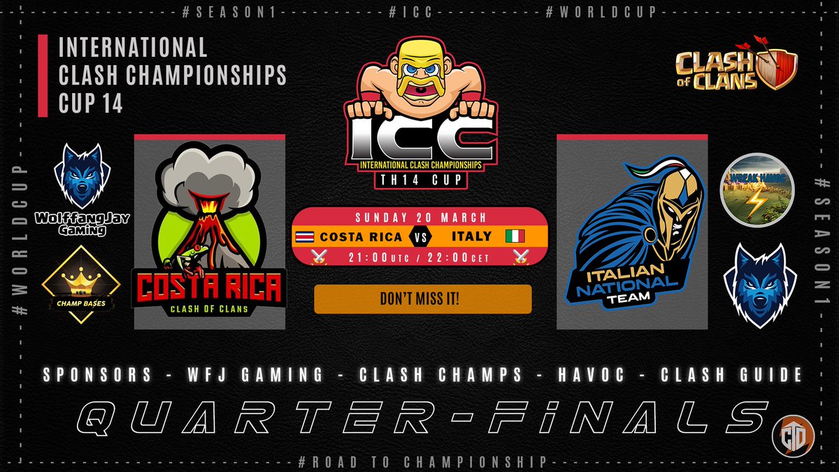 <a href="/icchamps/">International Clash Championships</a> TH14

“Here we are!” Giunto il momento di giocare i quarti di finale e tornare ancora una volta tra le più forti 4 al mondo.. ma prima il Costa Rica🇨🇷! 

<a href="/KingLoDo3/">King_LoDo</a> twitch.tv/king_lodo <a href="/Haplo_80/">Haplo80</a> twitch.tv/haplo_80 <a href="/infernalzeux/">Infernalzeux</a> twitch.tv/infernalzeux dalle 22