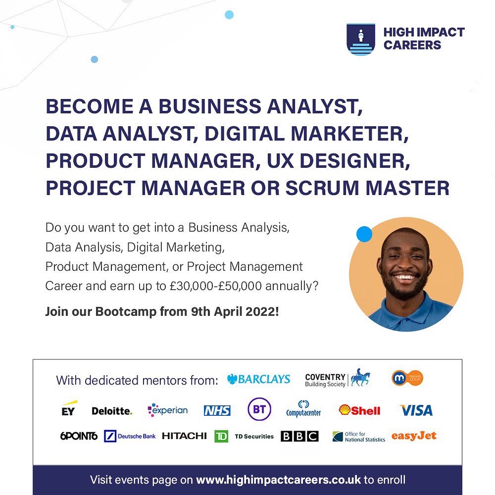 OgbeniDipo's tweet image. Interested in any of these career paths:

•Agile Fundamentals
•Business Analysis
•Cyber Security
•Data Analysis
•Digital Marketing
•Product Management
•Project Management
•User Experience (UX)

Enrol via highimpactcareers.co.uk/bootcamp/ to join @HighImpact01’s Bootcamp from April!