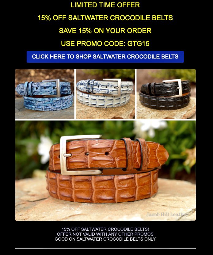 Time To Up Your Belt Game???

Jacob Hill Leather Saltwater Crocodile Belts!!

$AVE NOW!! BAD A$$!