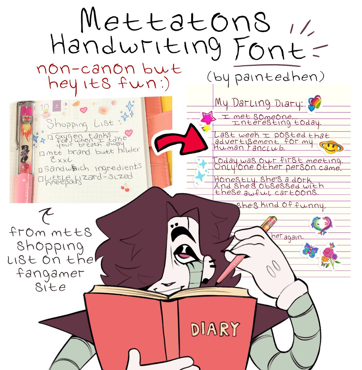 paintedhen's tweet photo. i made a font out of (what is apparently) mettatons handwriting! i made it for my own projects but feel free to use it for whatever you want.

download link ⬇️⬇️ #undertale #mettaton 
https://t.co/wAYbrTht9o https://t.co/SV0u4RYTaW