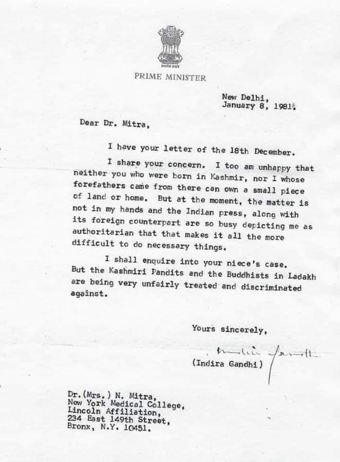 ये है असली सबूत 1981 में USA निवासी कश्मीरी हिन्दू डा.मित्रा ने कश्मीर से अपनी भतीजी के लापता हो जाने पर उस समय की PM इंदिरा गांधी को पत्र लिखकर मदद मांगी,जबाब में इंदिरा गांधी ने लिखा- मैं मजबूर हूं हम वहां एक जमीन का टुकडा नहीं खरीद सकते और आपकी पीड़ा वाजिब है कश्मीर.....