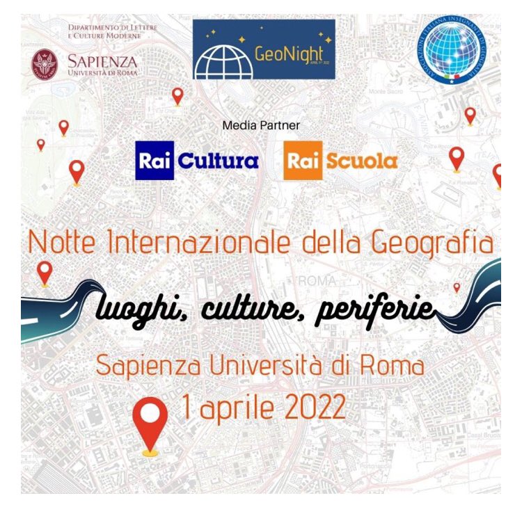#nottedellageografia2022 alla <a href="/sapienza/">Sapienza</a> LUOGHI, CULTURE, PERIFERIE - 1 APRILE 2022. C'è tempo fino al 30 marzo per iscriversi al consueto ricco programma di eventi (laboratori didattici, mostre, visite guidate, seminari e conferenze) drive.google.com/file/d/1rDiKYP…