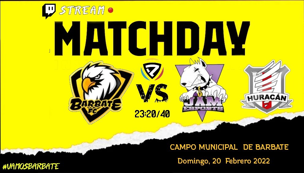 🟡⚫🟡MATCH DAY🟡⚫🟡 <a href="/eSports_Lpc/">LPC ESPORTS</a>

 ⏰ | 23.20h 
🆚️ | <a href="/JAM_eSports/">Onibi eSports CP</a>

⏰ | 23:40 - 23:00 
🆚️ | <a href="/Huracan_eSports/">CF Huracán Saguntino eSports</a>

DIA IMPORTANTE PARA SEGUIR EN LA PARTE ALTA DE LA TABLA 🦅

AUTÉNTICOS PARTIDAZOS 💥

Nos podréis ver
 twitch.tv/barbatefc?sr=a 📽️

#somosbarbate #union #familia
