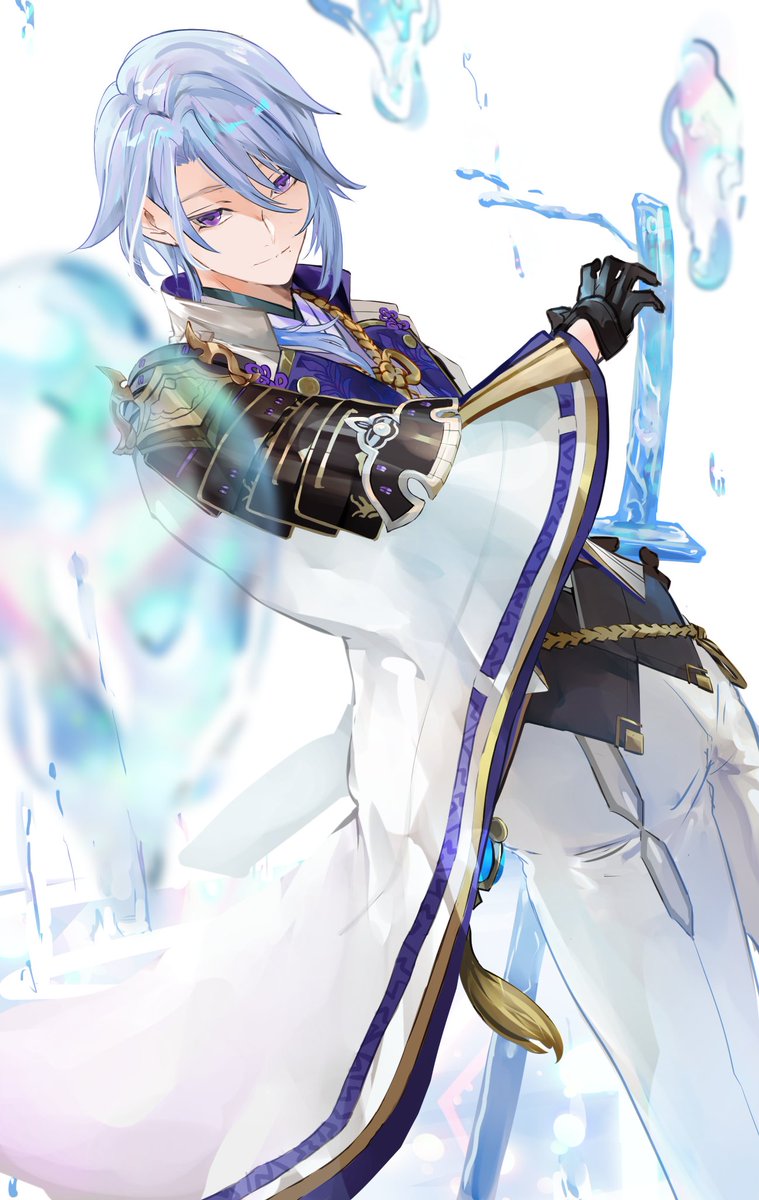 kamisato ayato 1boy male focus weapon sword blue hair gloves solo  illustration images