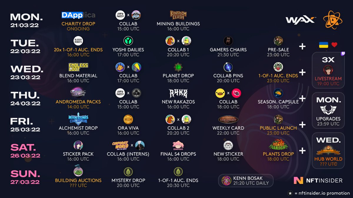 NFTInsider_io's tweet image. It&apos;s a TERRIFIC week ahead for @WAX_io / @AtomicHub! 🚀 #NFTs #NFTdrop 

📅 nftinsider.io/tw47/

@Dapplica1 @FGL_NFT @BeastGardenWAX @TheWarsaken @StrattonNFTS @BlockyRobots @CryptoFlash10 @ShnazzyNFTs @tacowax @KingdomClashNFT @Immersys @farming_tales @MoonstonesColl