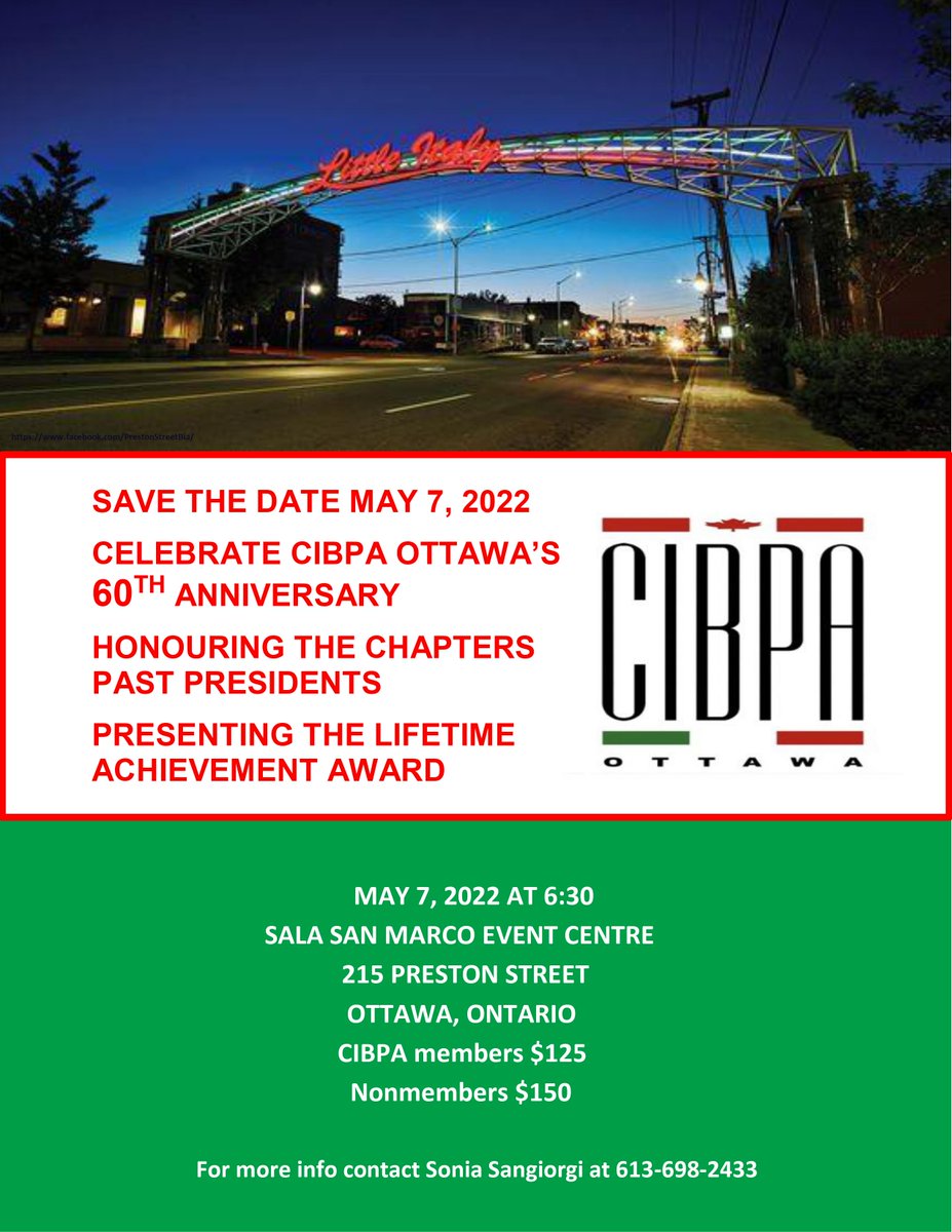 SAVE THE DATE MAY 7th, 2022

Come celebrate CIBPA Ottawa's 60th Anniversary!

Dine with us as we honour the Chapters Past Presidents at Sala San Marco!

See post for more details!