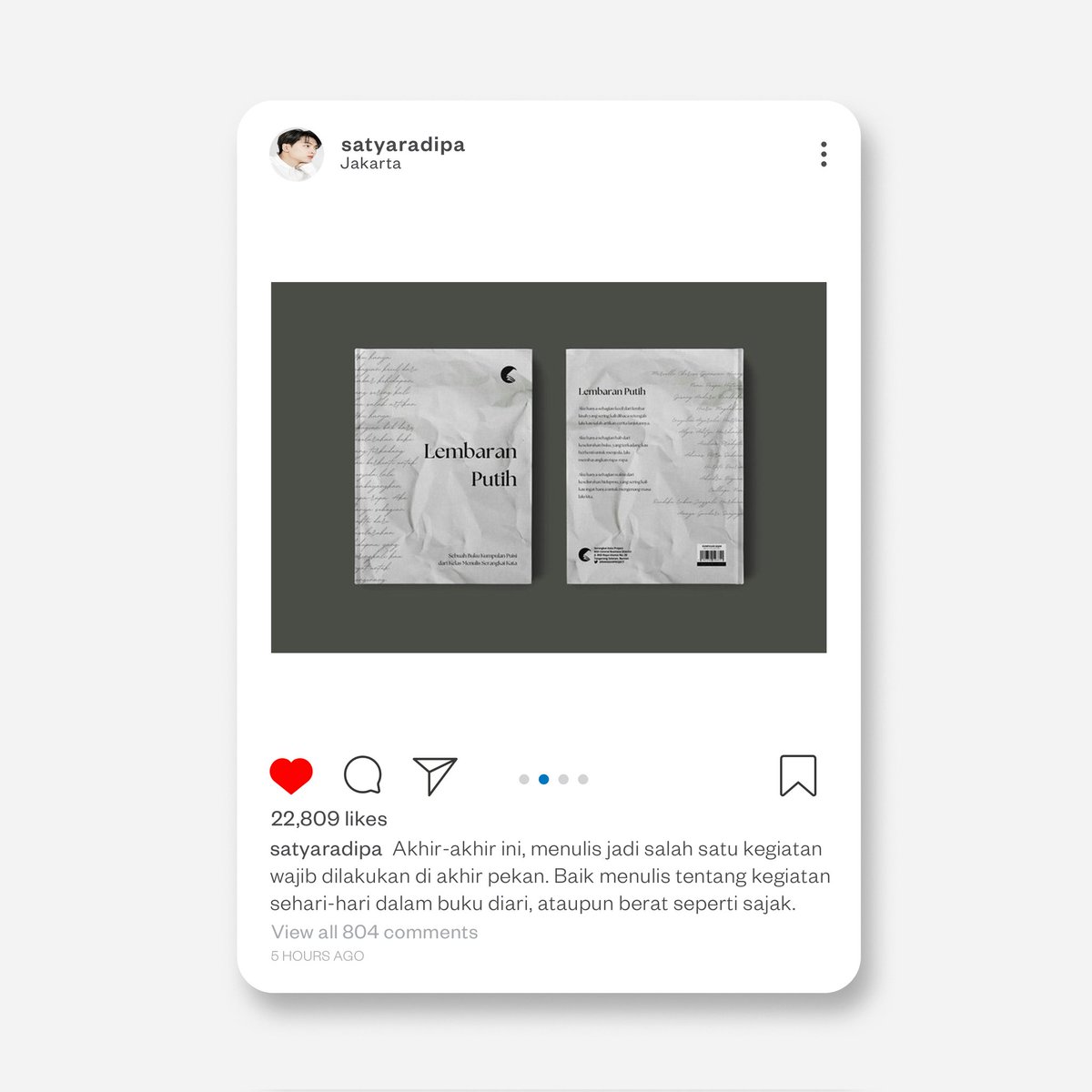 ⠀
⠀⠀
satyaradipa posted a new photo

Akhir-akhir ini, menulis jadi salah satu kegiatan wajib dilakukan di akhir pekan. Baik menulis tentang kegiatan sehari-hari dalam buku diari, ataupun berat seperti sajak. Hitung-hitung merekam kisah pun momen dalam tulisan.
⠀
⠀⠀