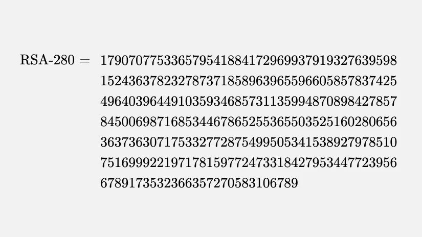 fermatslibrary's tweet photo. In 2019, Paul Zimmermann et al. factored a 240-digit number (RSA-240) using 900 core-years of computing power. RSA-280, an integer the size of a tweet (280 decimal digits) has not been factored so far and will likely take thousands of core-years of computing power to factor. https://t.co/JrqSCdTKhj