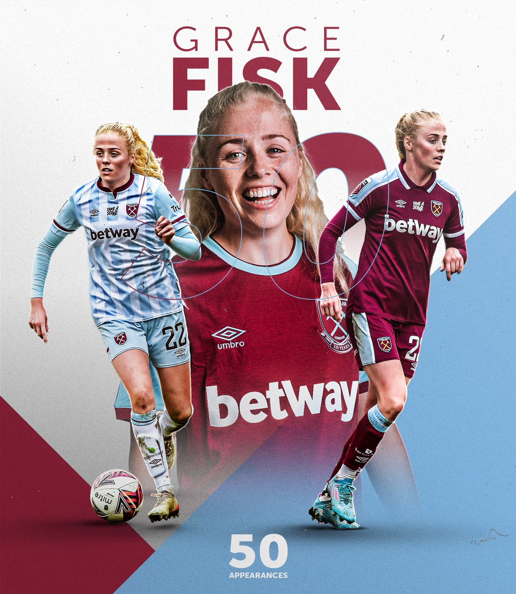 WestHamWomen's tweet photo. 𝟓𝟎 𝐟𝐨𝐫 𝐅𝐢𝐬𝐤𝐲! 

The defender played her 50th match for the Hammers this afternoon! ⚒️

Congratulations, @grace_fisk98! 👏 https://t.co/TQcZojZ1zP
