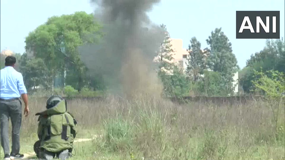 ANI's tweet photo. Haryana | Three live hand grenades &amp; one IED were recovered outside a private university on the Ambala-Chandigarh highway, which has been disposed of. The matter is being investigated. NIA and other central agencies have also been informed: Jashdeep Randhawa, SP, Ambala, Haryana https://t.co/AtYNiqHePX