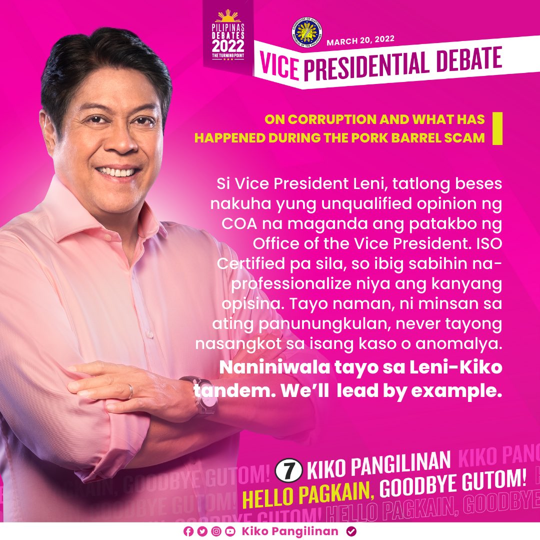 Sa #LeniKiko2022 tandem, we lead by example.💗

#PiliPinasDebates2022 
#7KikoPangilinanVicePresident 
#KikoKalmadoPanalo 
#HelloPagkainGoodbyeGutom 
#LeniKikoAllTheWay