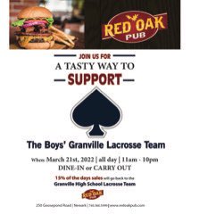 Granville Blue Aces Boys Lacrosse (@blueacesboyslax) on Twitter photo Cancel your dinner plans for Monday and support the team by enjoying great food at Red Oak Pub 11:00am - 10:00pm
<a href="/redoakpub/">Red Oak Pub</a> <a href="/GV_Blue_Aces/">Granville Athletics</a> Cancel your dinner plans for Monday and support the team by enjoying great food at Red Oak Pub 11:00am - 10:00pm
<a href="/redoakpub/">Red Oak Pub</a> <a href="/GV_Blue_Aces/">Granville Athletics</a>