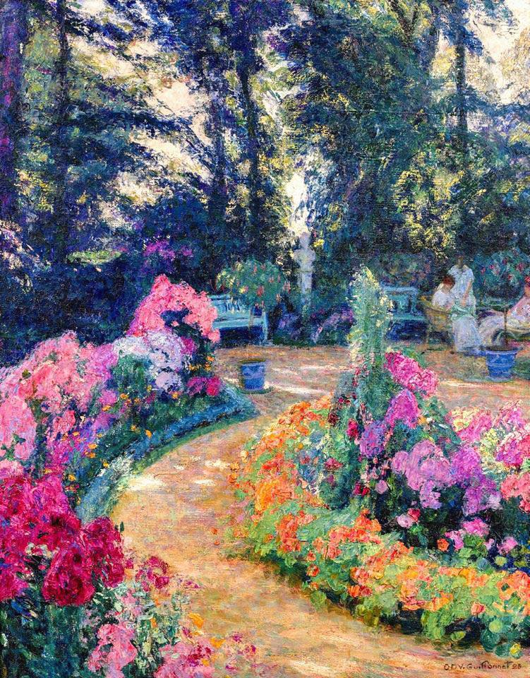 fraveris's tweet photo. Octave Denis Victor Guillonnet - Conversation in the Flower Garden, 1923. https://t.co/zq7tCFMoBF