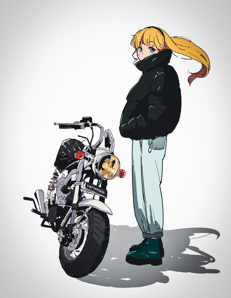 1girl solo motor vehicle ground vehicle motorcycle blonde hair green eyes  illustration images