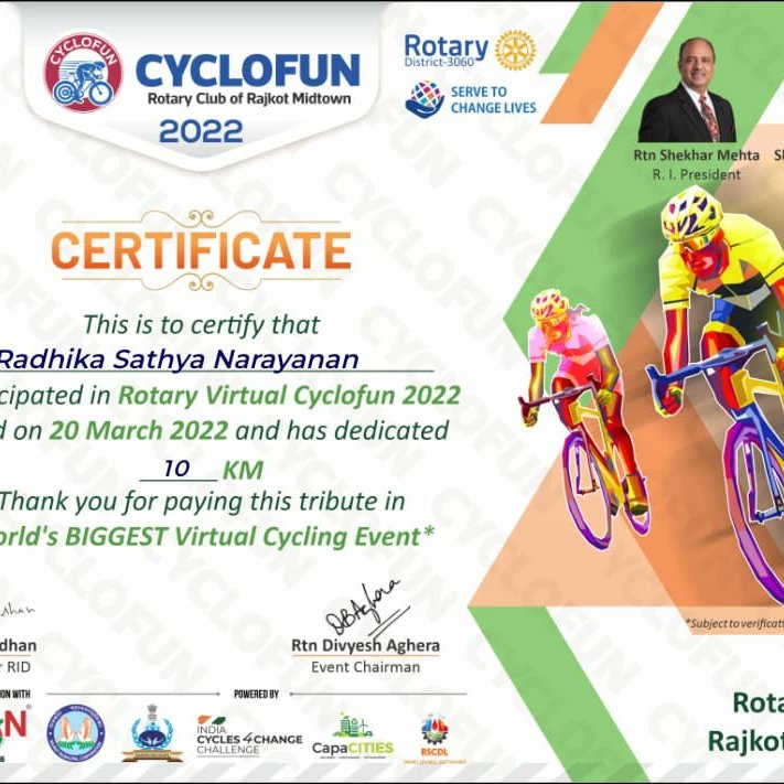 SaxsSathya's tweet photo. Completed the part of *WORLD'S largest virtual cycling event*
#RajkotCycleClub
#Cyclofun
#RotaryMidtown
#rotarydist3060
My family participated in the Joy of Donating. For each completed ride, Rotary 3060 & sponsor Ban Lab donates Rs Two for every KM https://t.co/30cEyAUO3W