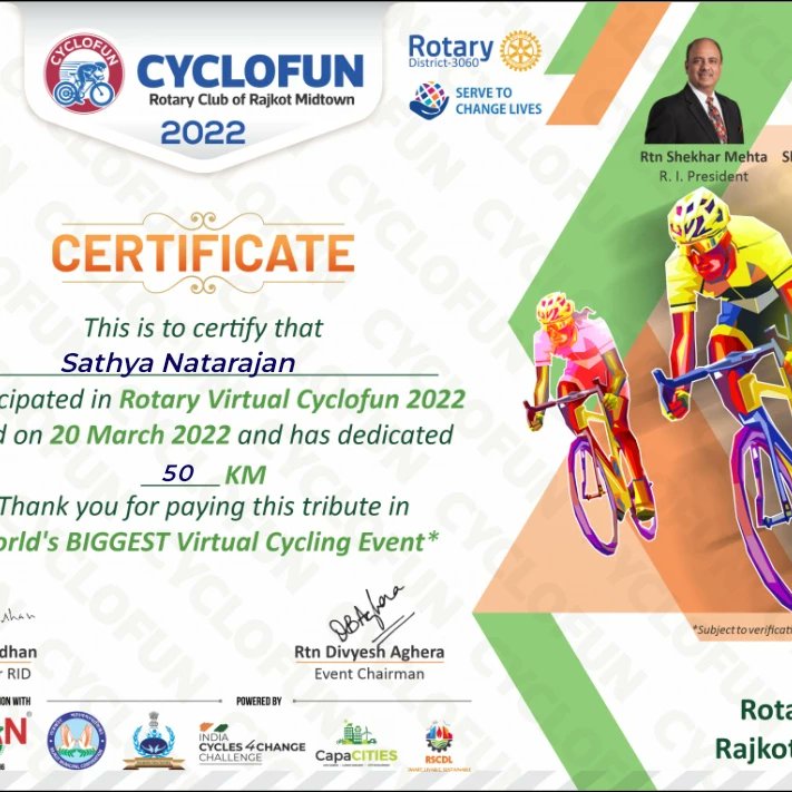 SaxsSathya's tweet photo. Completed the part of *WORLD'S largest virtual cycling event*
#RajkotCycleClub
#Cyclofun
#RotaryMidtown
#rotarydist3060
My family participated in the Joy of Donating. For each completed ride, Rotary 3060 & sponsor Ban Lab donates Rs Two for every KM https://t.co/30cEyAUO3W