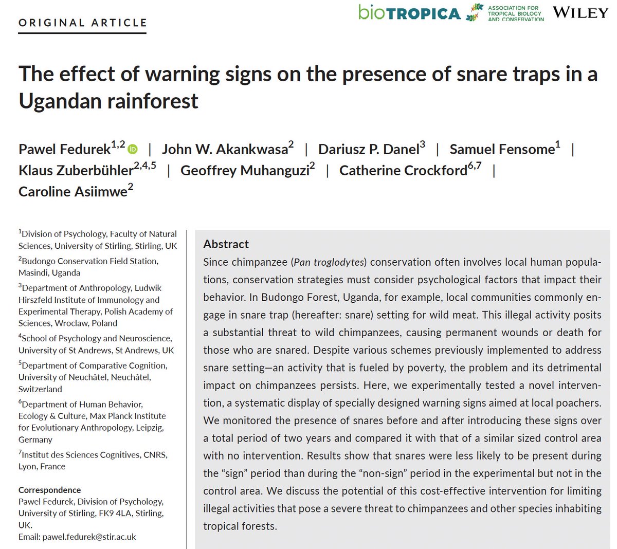 Our new OA paper is now out! We tested a novel intervention aimed at protecting wild chimpanzees against poaching. A successful two-year experiment together with <a href="/BudongoChimps/">BCFS</a>! doi.org/10.1111/btp.13…