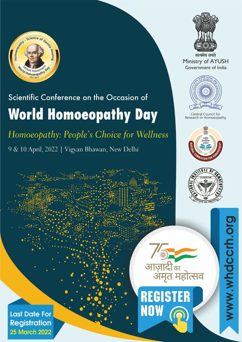 CCRH, NIH Government of India jointly organises the Scientific Conference on the occasion of World Homoeopathy Day 2022 (WHD-2022) 
Dates: 9th - 10th April 2022 
Venue: Vigyan Bhawan, New Delhi. 
Registrations are now open at regcon.in/sp/whd-2022-re…