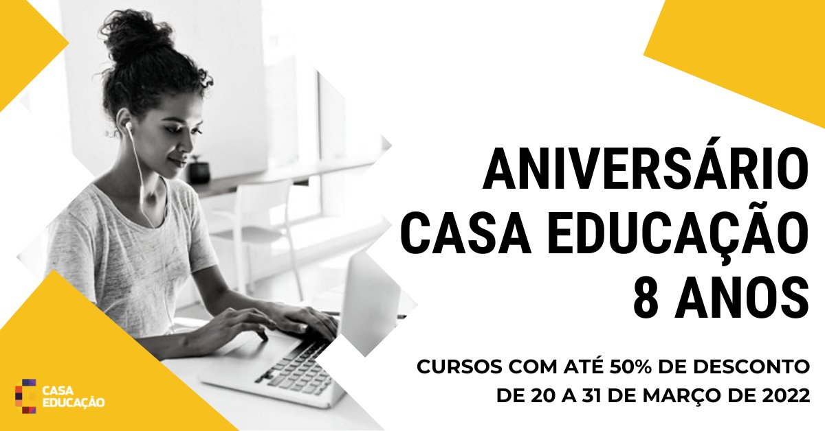 Casa_educacao's tweet photo. Aproveite a oportunidade que a Casa Educação criou para você aprimorar seus conhecimentos.

De 20 a 31 de março você terá até 50% de desconto para se inscrever em diversos cursos.

Acesse: https://t.co/tW5nQ7UHfT https://t.co/pIot5QTefD