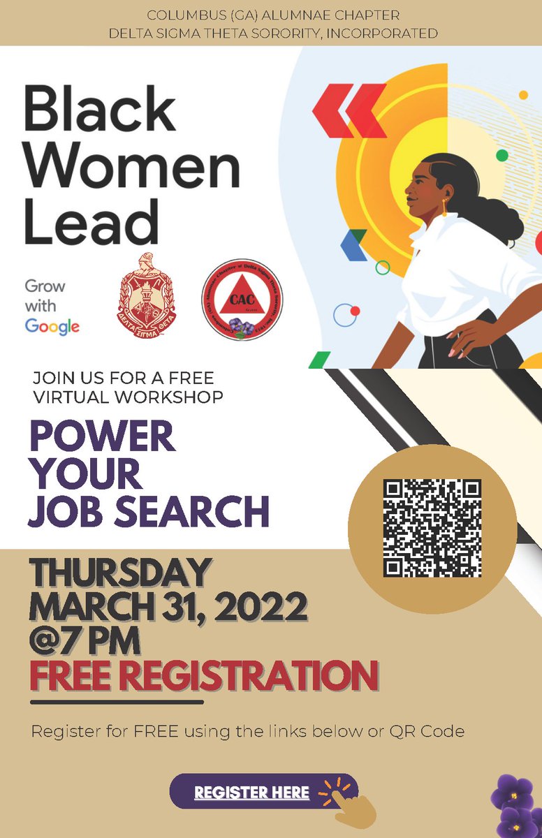 CAC_Chapter's tweet image. Columbus (GA) Alumnae Chapter Growing with Google Team Presents "Power Your Job Search", March 31, at 7:00PM.
You may register for this event at: us02web.zoom.us/meeting/regist…