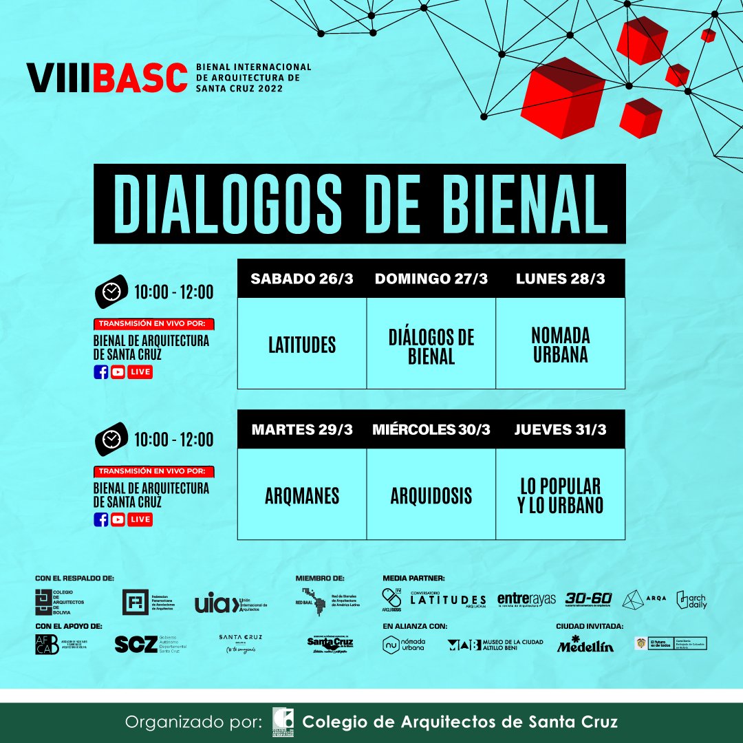 basc2020's tweet photo. 𝐃𝐢á𝐥𝐨𝐠𝐨𝐬 𝐝𝐞 𝐁𝐢𝐞𝐧𝐚𝐥 serán seis jornadas en los que colectivos #urbanos y #arquitectónicos tocarán diferentes temáticas urbanas. Compartimos la programación de uno de los ejes que tendrá la #BASC2022.
📆 Del 25 de marzo al 10 de abril de 2022 https://t.co/jcfoibg1dd