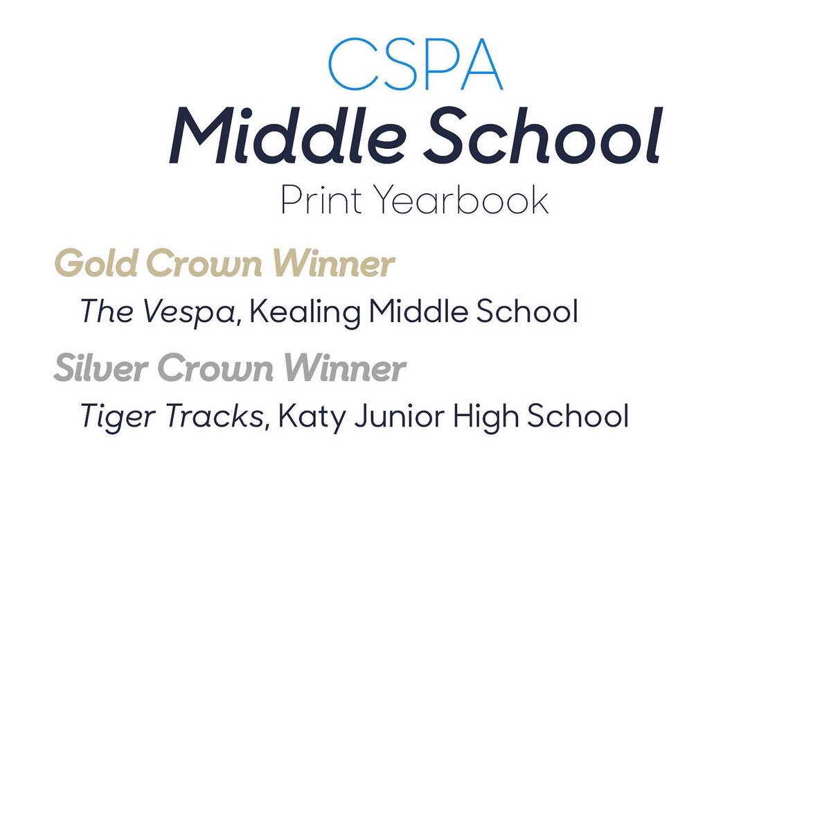Congratulations to these Texas middle schools who received Gold and Silver Crowns from <a href="/CSPA/">Columbia Scholastic Press Association</a>. We are so proud of y’all on this huge accomplishment. #TexasProud