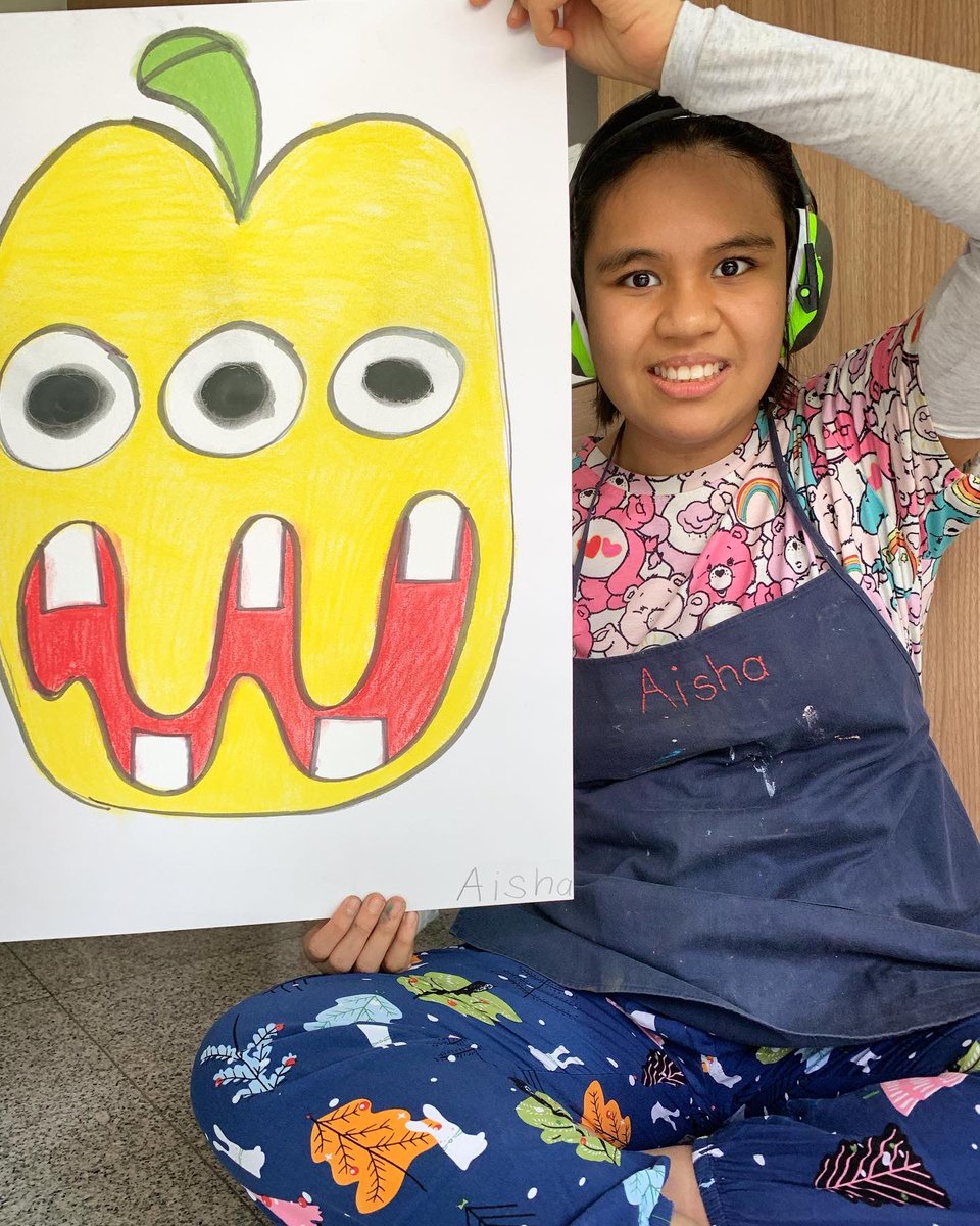 Art Sunday - After a week’s break, Aisha is back with more monsters. #artistwithautism #vegemonsters #autismawareness #pastel #paper #ink #iamcatbee #nft #catbee
