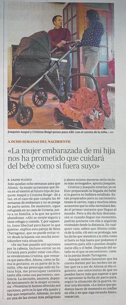 Quedan 8 semanas para que Aliona, la gestante de la futura hija de Joaquim y Cristina, dé a luz en Ucrania.

Cristina remarca que Aliona es parte de la familia:

"No me preocupa solo mi futura hija, me preocupan también tanto ella como sus parientes"

#Gestaciónsubrogada
